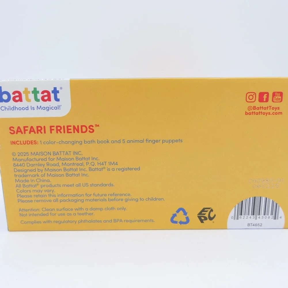 Battat Safari Friends -5 Finger Puppets & Color Changing Book For Bath Time 10M+